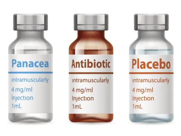 Trzy fiolki: "Panacea", "Antibiotic" i "Placebo". Co to placebo? To substancja bez działania leczniczego, stosowana w badaniach.