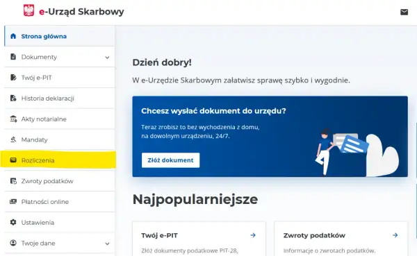 Menu e-Urzędu Skarbowego z podświetloną opcją "Rozliczenia". Możesz tu załatwić sprawy związane z fiscus.